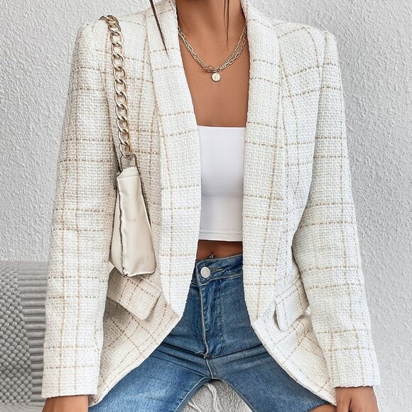 White Casual Womens Houndstooth Print Open Front Blazer - Picture 3 of 5